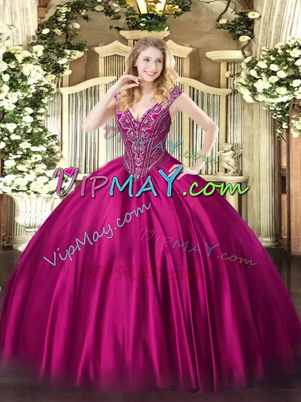 V-neck Sleeveless Lace Up Quinceanera Gown Fuchsia Satin Beading