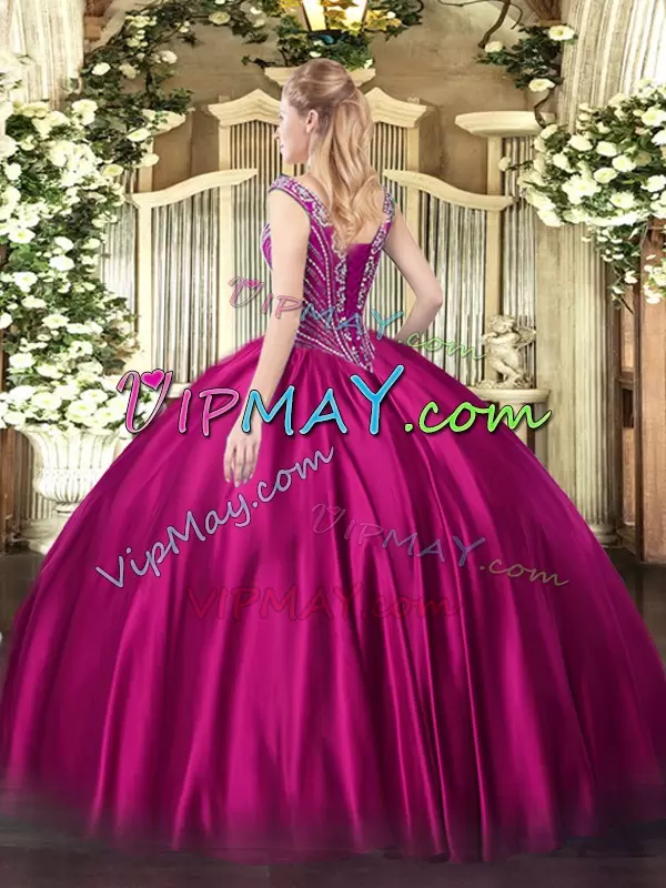 V-neck Sleeveless Lace Up Quinceanera Gown Fuchsia Satin Beading