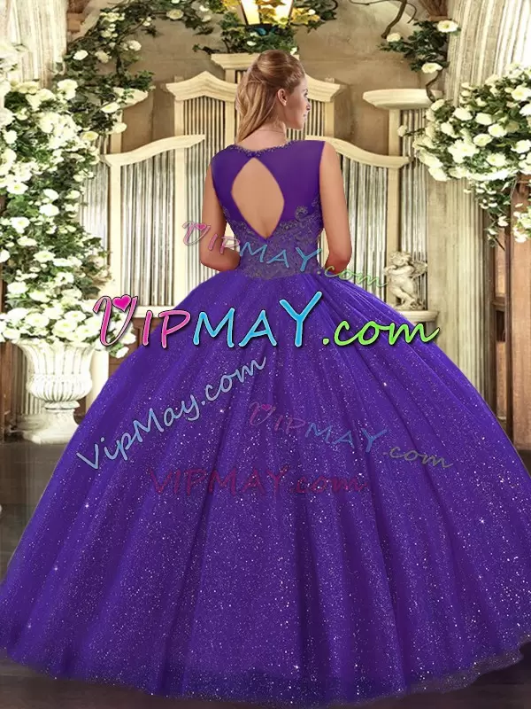 Tulle Scoop Sleeveless Backless Beading Sweet 16 Dresses in Purple