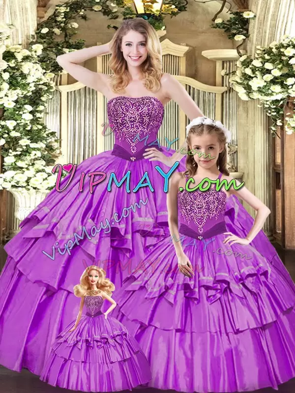 Sweetheart Sleeveless Sweet 16 Dress Floor Length Ruffled Layers Lilac Organza