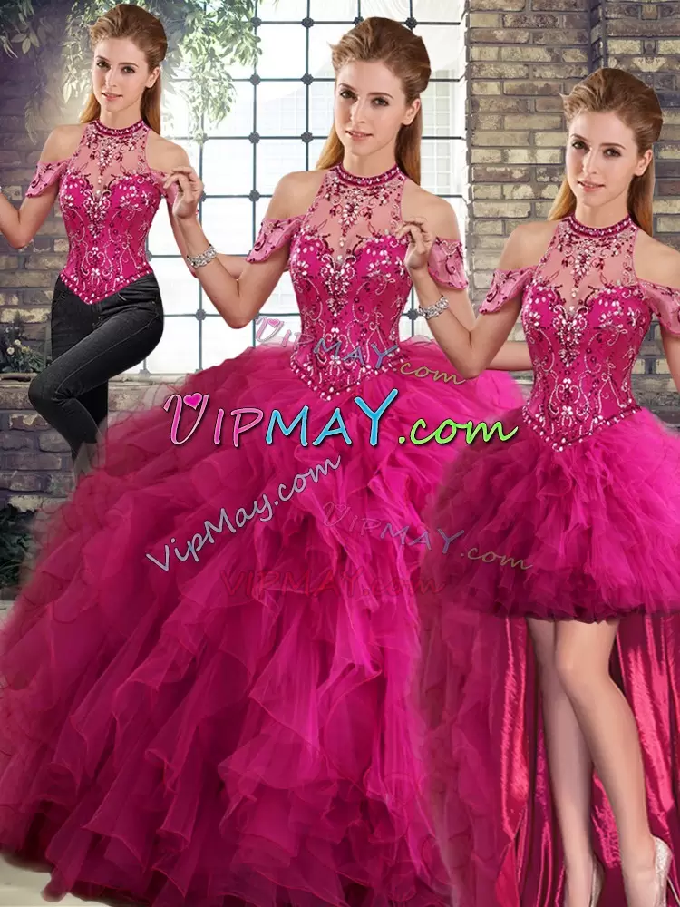 Beading and Ruffles Quinceanera Dress Fuchsia Lace Up Sleeveless Floor Length