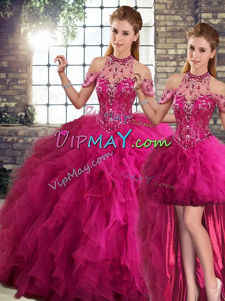 Beading and Ruffles Quinceanera Dress Fuchsia Lace Up Sleeveless Floor Length