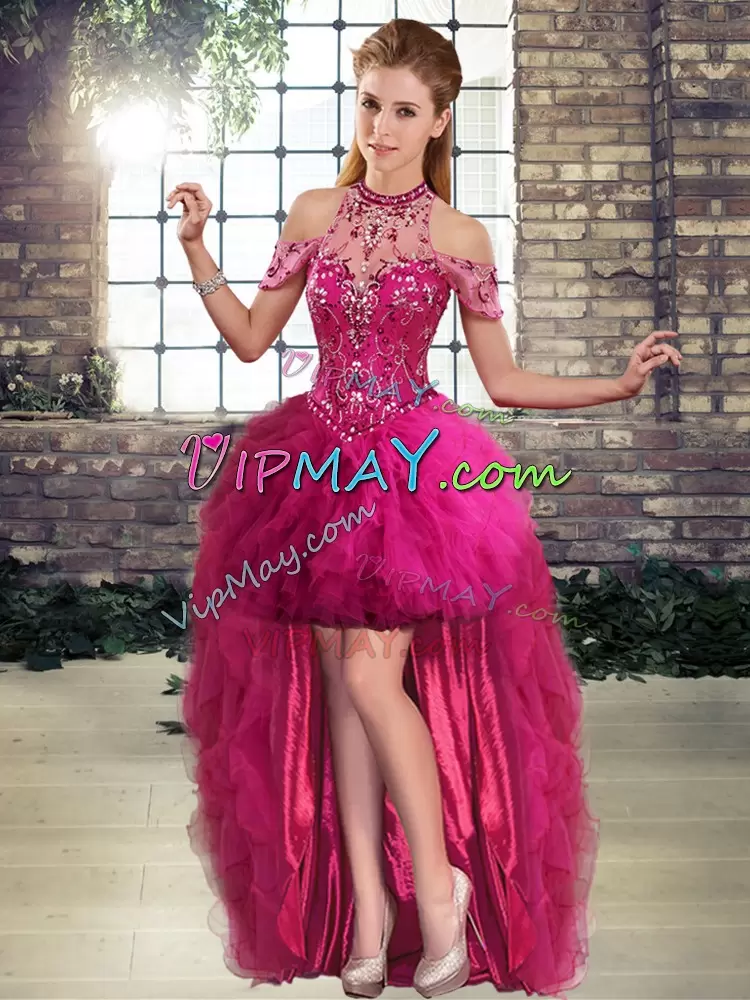 Beading and Ruffles Quinceanera Dress Fuchsia Lace Up Sleeveless Floor Length