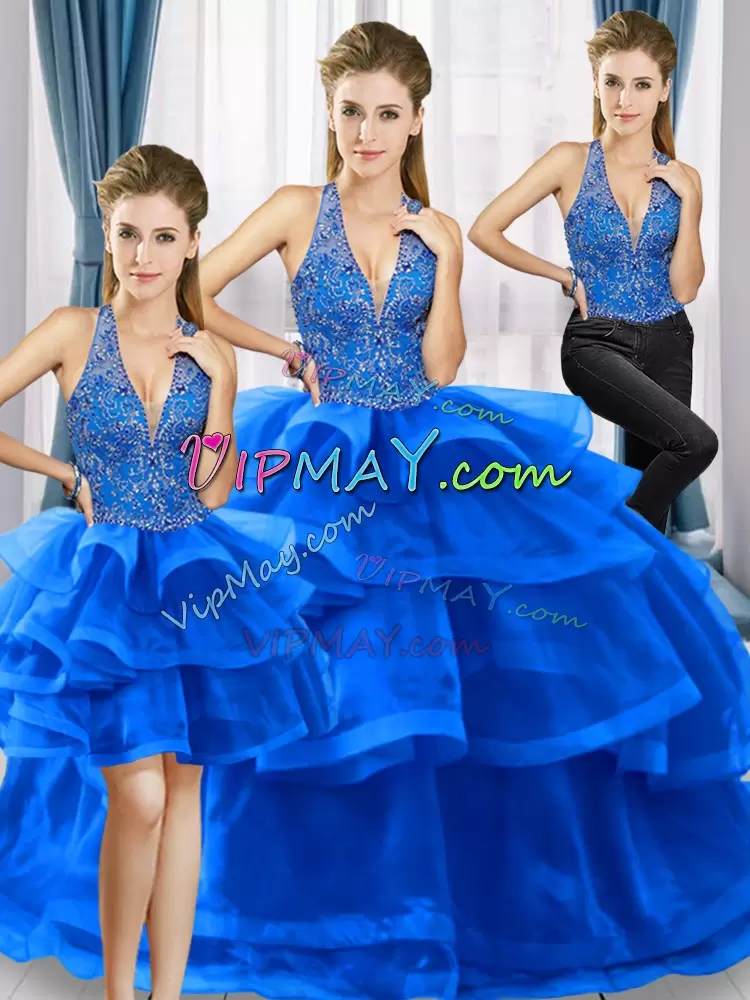 Noble Halter Top Sleeveless Tulle Quinceanera Dress Beading and Ruffled Layers Lace Up