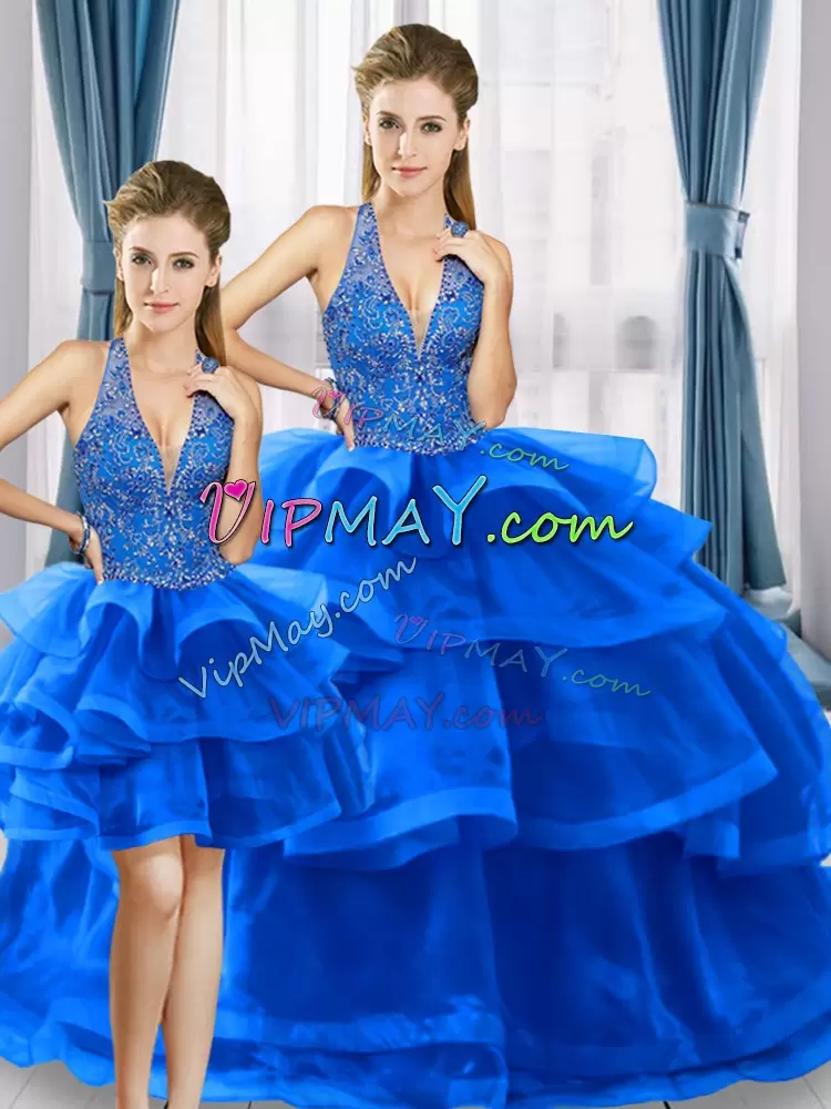 Noble Halter Top Sleeveless Tulle Quinceanera Dress Beading and Ruffled Layers Lace Up