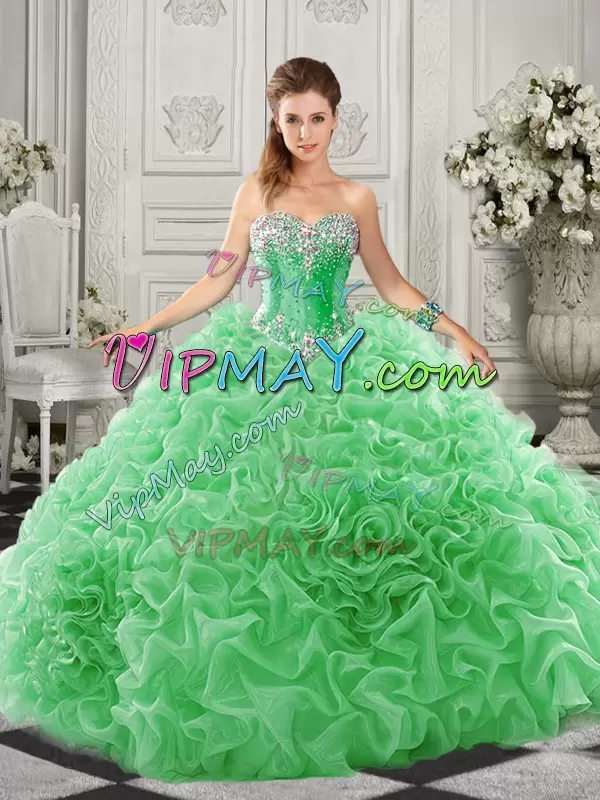 Green Sleeveless Court Train Beading and Ruffles Quinceanera Gown