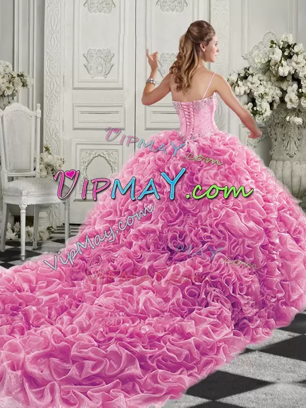 Green Sleeveless Court Train Beading and Ruffles Quinceanera Gown