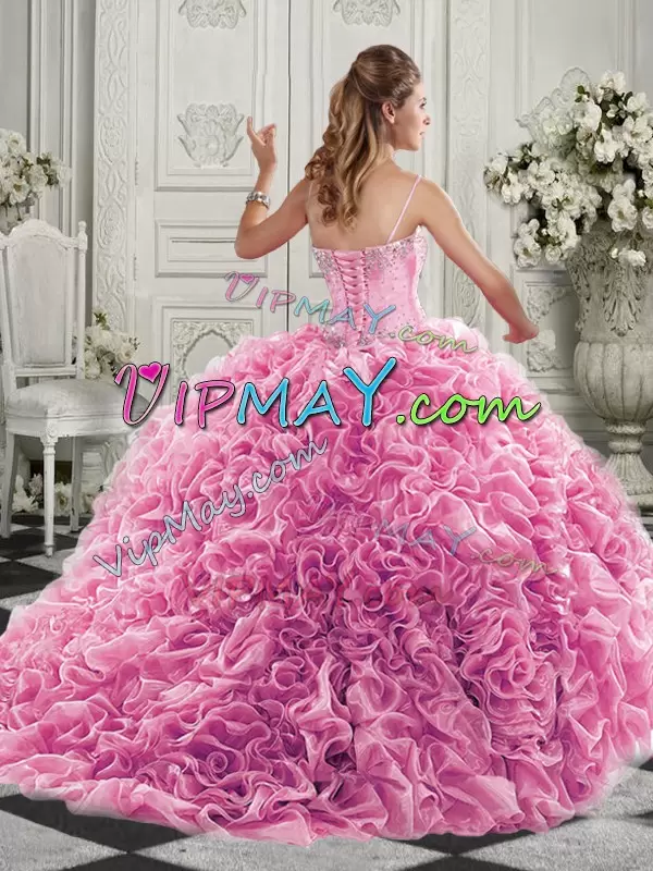 Green Sleeveless Court Train Beading and Ruffles Quinceanera Gown