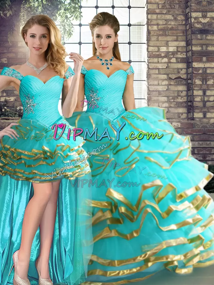 Sleeveless Tulle Floor Length Lace Up Ball Gown Prom Dress in Aqua Blue with Beading and Ruffled Layers