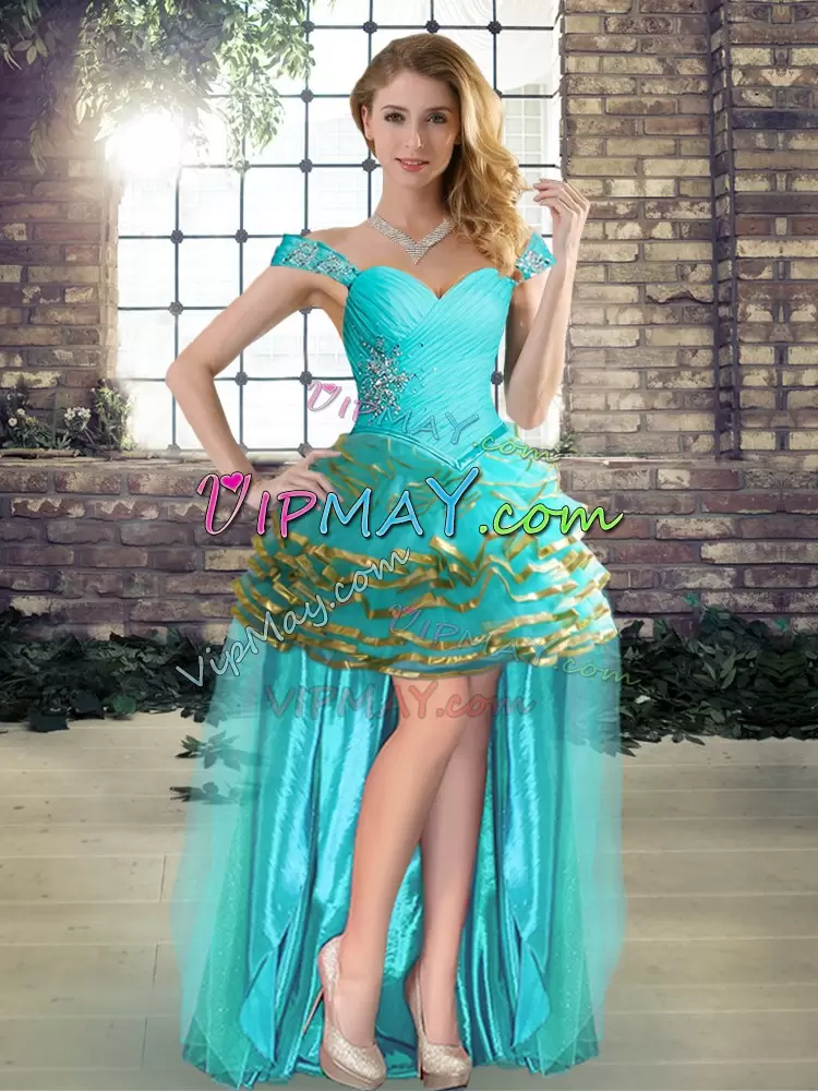 Sleeveless Tulle Floor Length Lace Up Ball Gown Prom Dress in Aqua Blue with Beading and Ruffled Layers