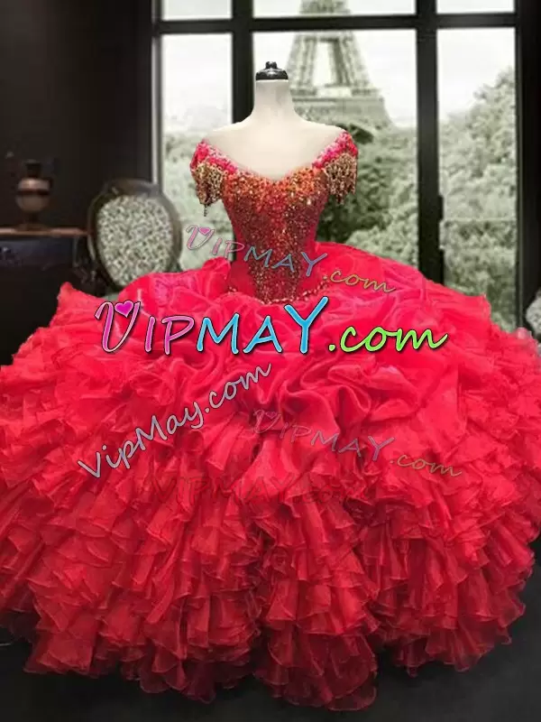 Cap Sleeves Floor Length Beading and Ruffles Lace Up 15 Quinceanera Dress with Red
