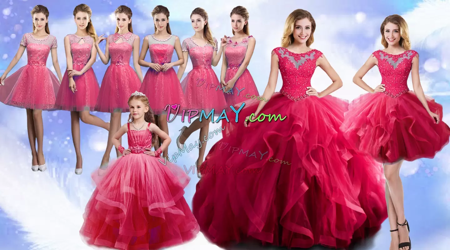 Hot Pink Sleeveless Floor Length Beading Lace Up Quinceanera Dress Scoop