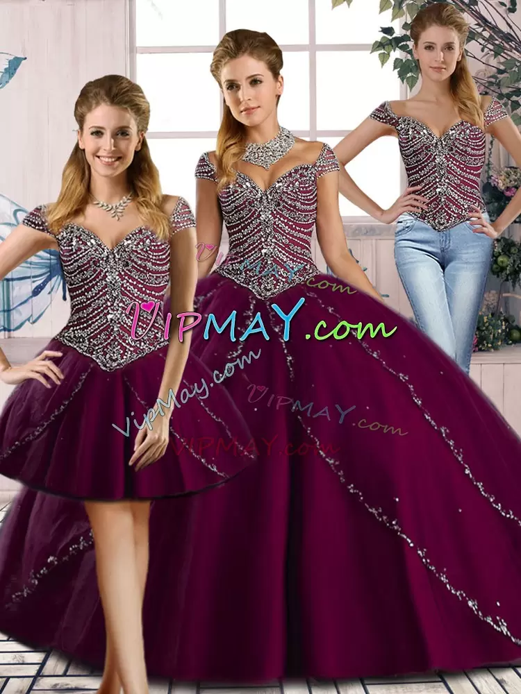 Extravagant Beading Vestidos de Quinceanera Purple Lace Up Cap Sleeves Brush Train