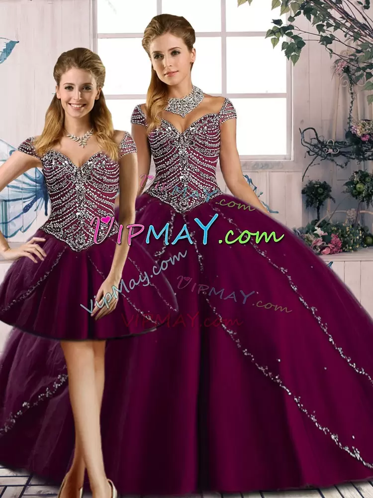 Extravagant Beading Vestidos de Quinceanera Purple Lace Up Cap Sleeves Brush Train