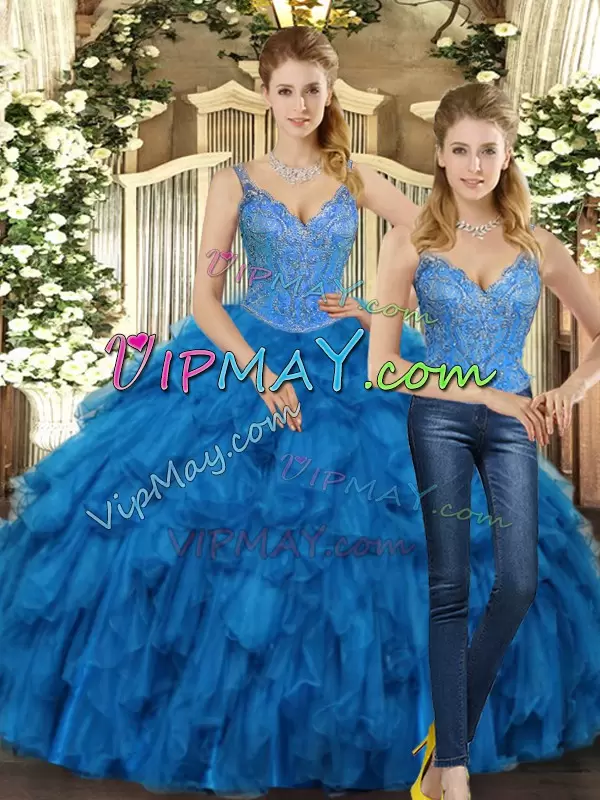 Teal Lace Up Straps Beading and Ruffles Sweet 16 Dresses Organza Sleeveless