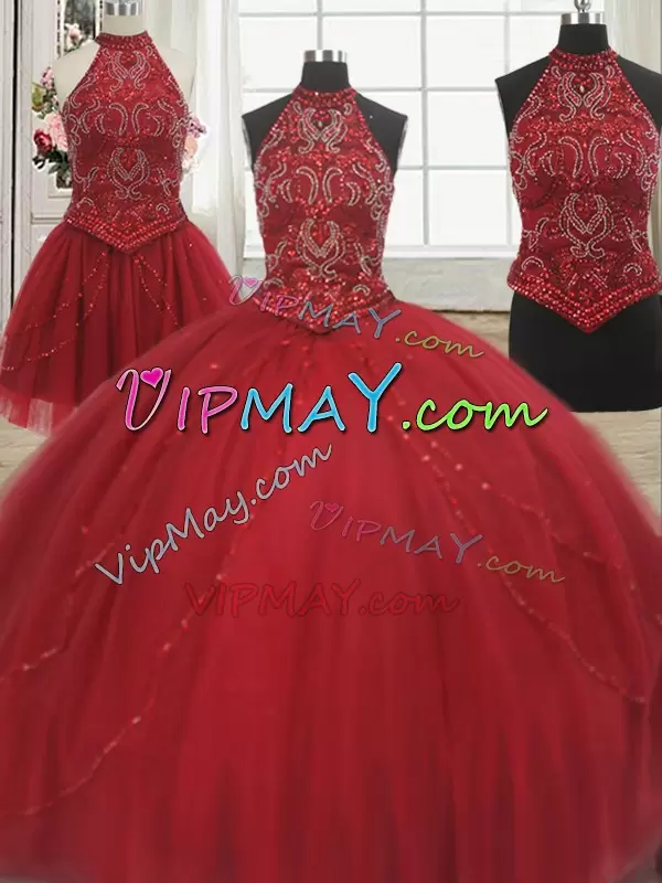 Fashion Red Ball Gowns Halter Top Sleeveless Tulle With Train Court Train Lace Up Beading Quinceanera Gowns