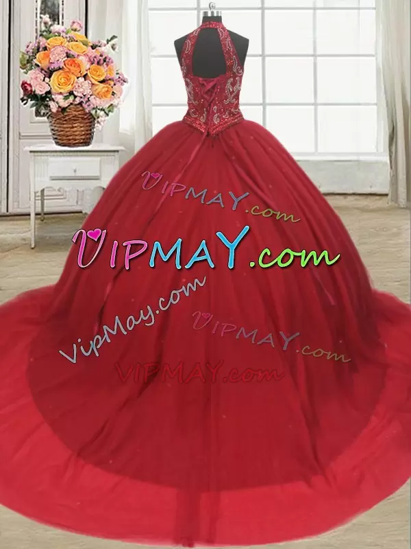 Fashion Red Ball Gowns Halter Top Sleeveless Tulle With Train Court Train Lace Up Beading Quinceanera Gowns