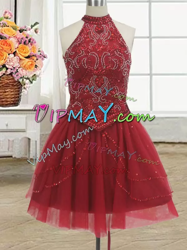 Fashion Red Ball Gowns Halter Top Sleeveless Tulle With Train Court Train Lace Up Beading Quinceanera Gowns