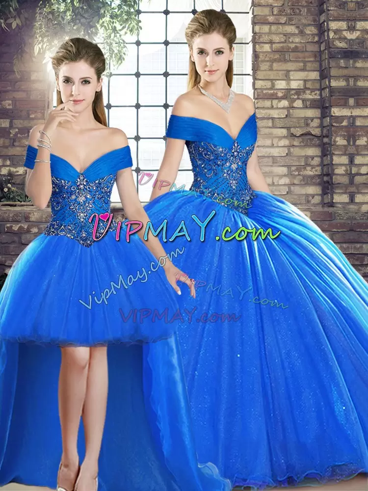 Excellent Royal Blue Off The Shoulder Lace Up Beading Quince Ball Gowns Brush Train Sleeveless