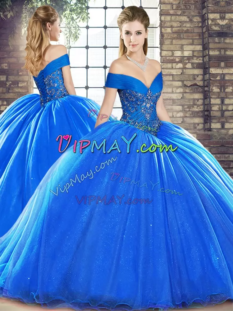 Excellent Royal Blue Off The Shoulder Lace Up Beading Quince Ball Gowns Brush Train Sleeveless