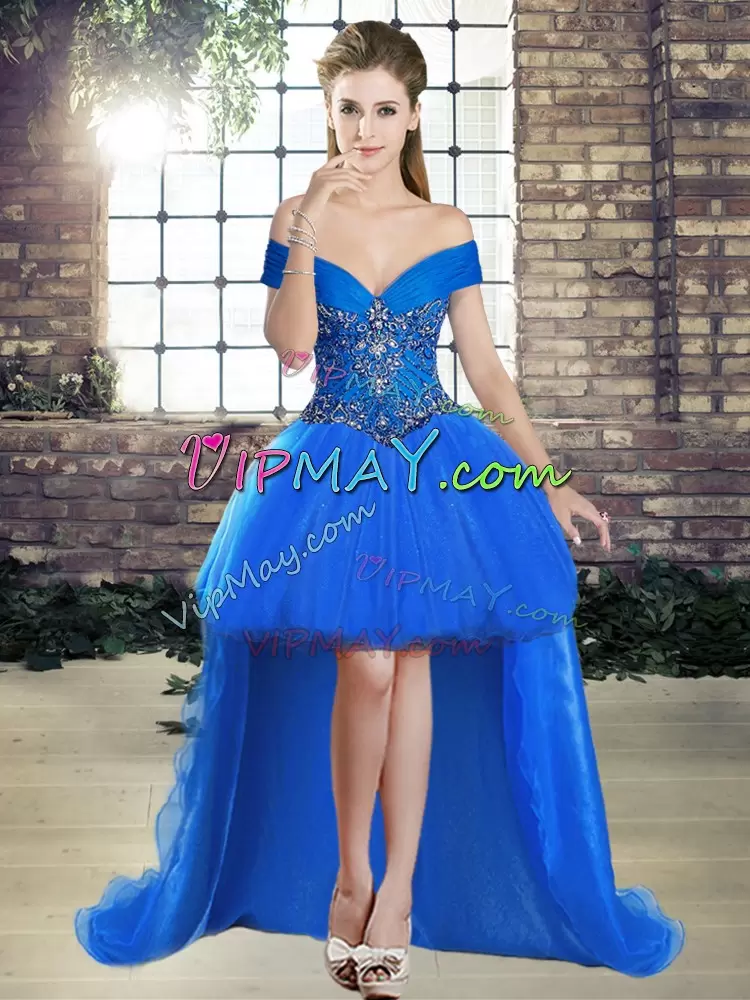 Excellent Royal Blue Off The Shoulder Lace Up Beading Quince Ball Gowns Brush Train Sleeveless