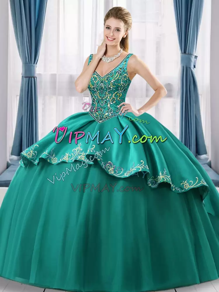 Turquoise V-neck Neckline Beading and Embroidery Ball Gown Prom Dress Sleeveless Lace Up