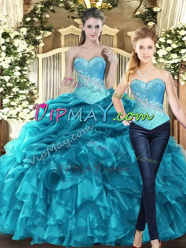 Teal Ball Gowns Tulle Sweetheart Sleeveless Beading and Ruffles Floor Length Lace Up Ball Gown Prom Dress