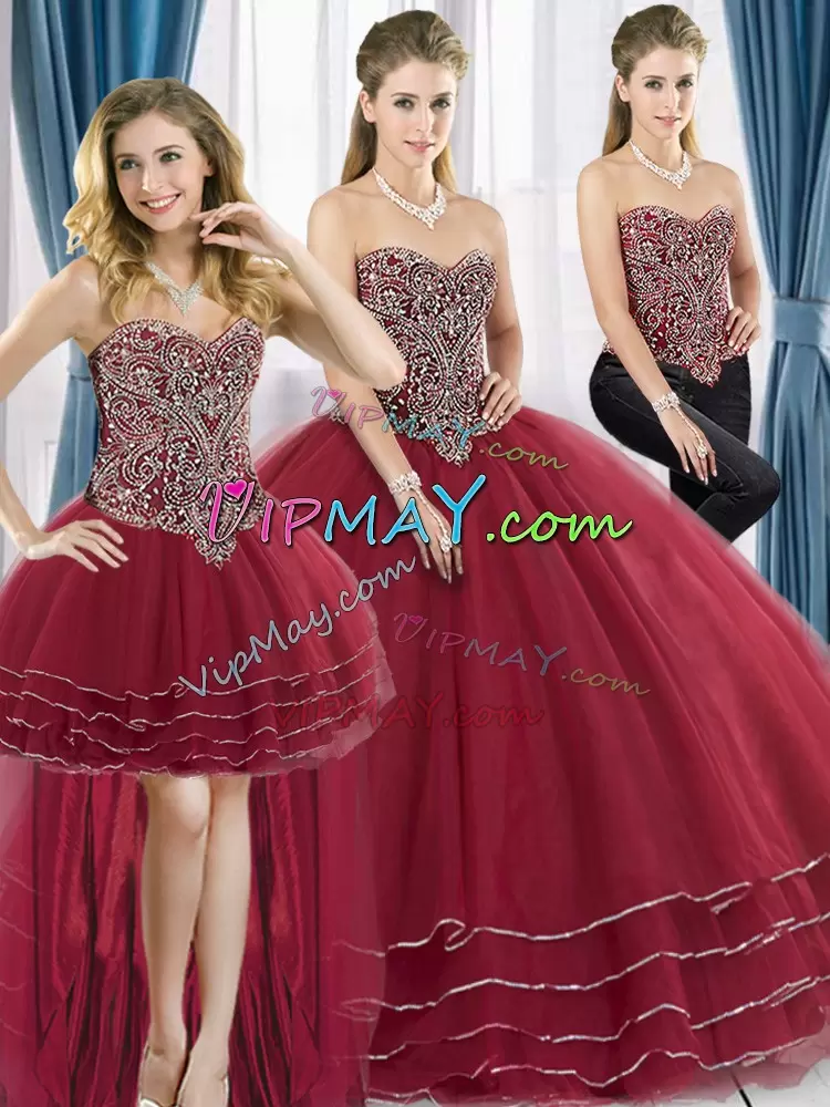 Latest Sleeveless Tulle Sweep Train Lace Up Sweet 16 Dresses in Wine Red with Beading and Ruffled Layers