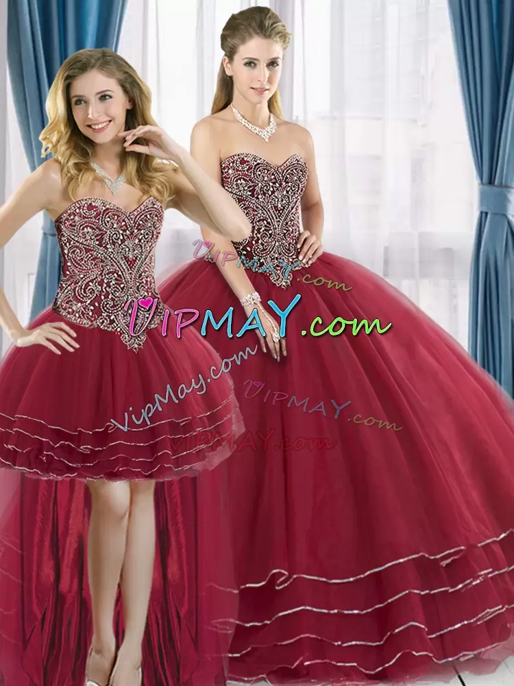 Latest Sleeveless Tulle Sweep Train Lace Up Sweet 16 Dresses in Wine Red with Beading and Ruffled Layers