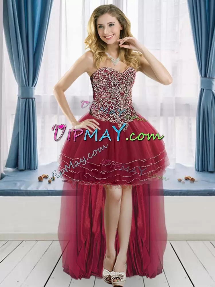 Latest Sleeveless Tulle Sweep Train Lace Up Sweet 16 Dresses in Wine Red with Beading and Ruffled Layers