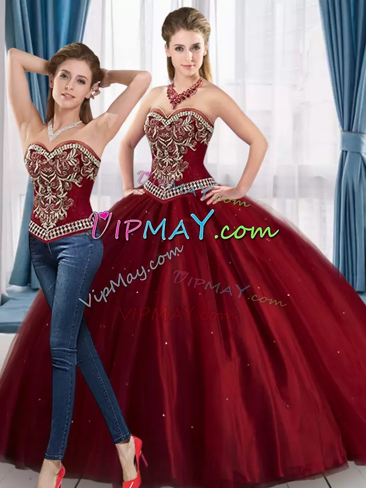 Charming Floor Length Lace Up Quinceanera Dress Wine Red for Military Ball and Sweet 16 and Quinceanera with Embroidery