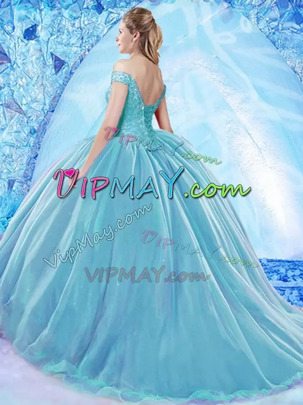Flare Baby Blue Lace Up Off The Shoulder Beading 15 Quinceanera Dress Organza Sleeveless Sweep Train