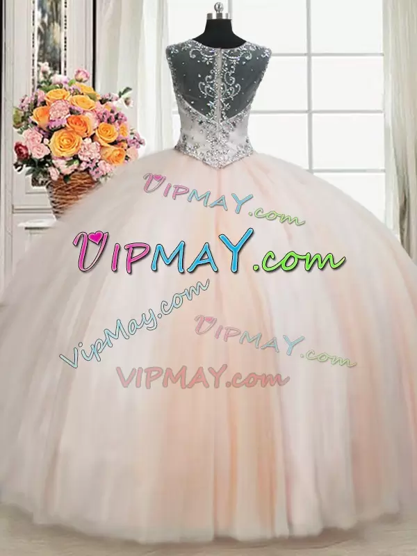 Super Peach Straps Zipper Beading Quinceanera Dresses Cap Sleeves