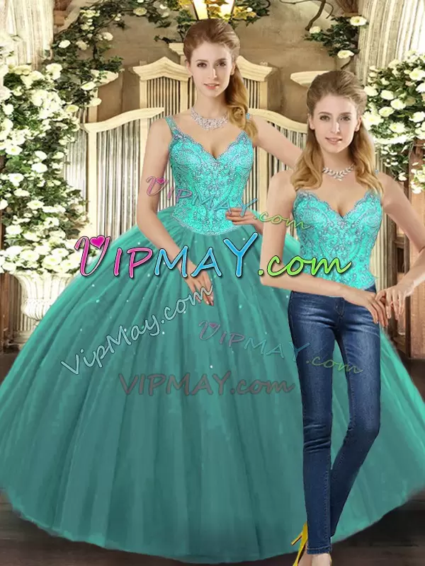 Excellent Straps Sleeveless Lace Up 15th Birthday Dress Turquoise Tulle Beading