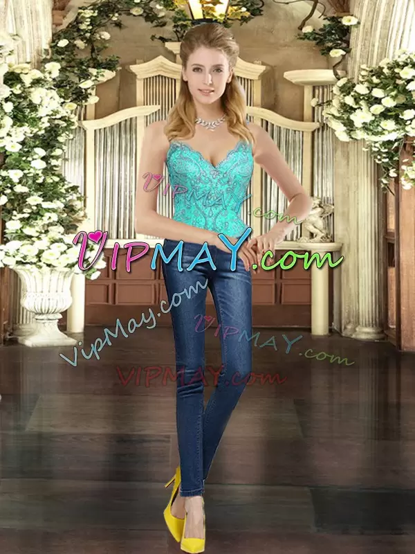 Excellent Straps Sleeveless Lace Up 15th Birthday Dress Turquoise Tulle Beading