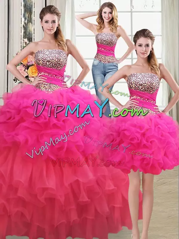 Latest Strapless Sleeveless Organza Sweet 16 Quinceanera Dress Beading and Ruffles and Ruffled Layers and Sequins Lace Up