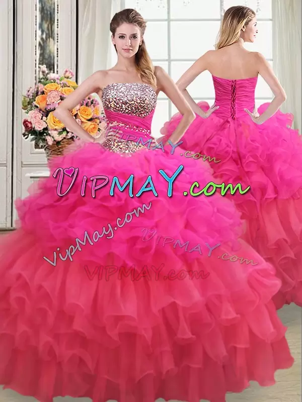 Latest Strapless Sleeveless Organza Sweet 16 Quinceanera Dress Beading and Ruffles and Ruffled Layers and Sequins Lace Up