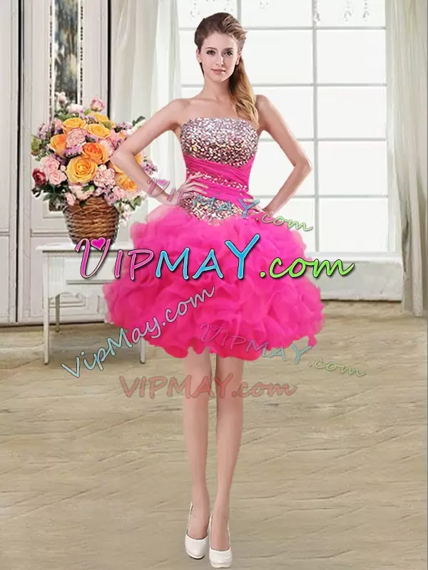 Latest Strapless Sleeveless Organza Sweet 16 Quinceanera Dress Beading and Ruffles and Ruffled Layers and Sequins Lace Up