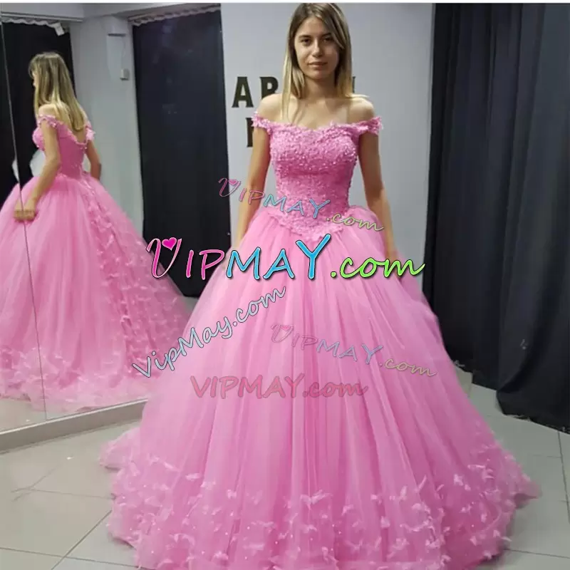 Romantic Sleeveless With Train Beading Lace Up 15th Birthday Dress with Pink Sweep Train
