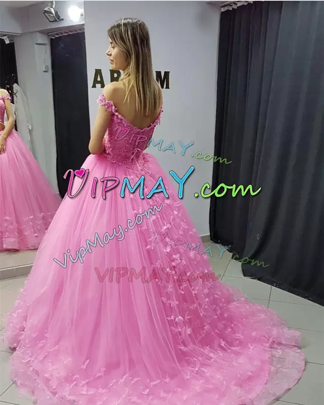 Romantic Sleeveless With Train Beading Lace Up 15th Birthday Dress with Pink Sweep Train
