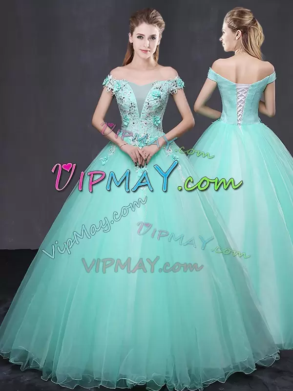 Ball Gowns Vestidos de Quinceanera Apple Green Off The Shoulder Tulle Sleeveless Floor Length Lace Up