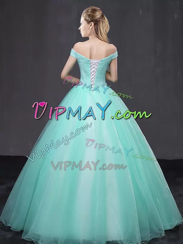 Ball Gowns Vestidos de Quinceanera Apple Green Off The Shoulder Tulle Sleeveless Floor Length Lace Up