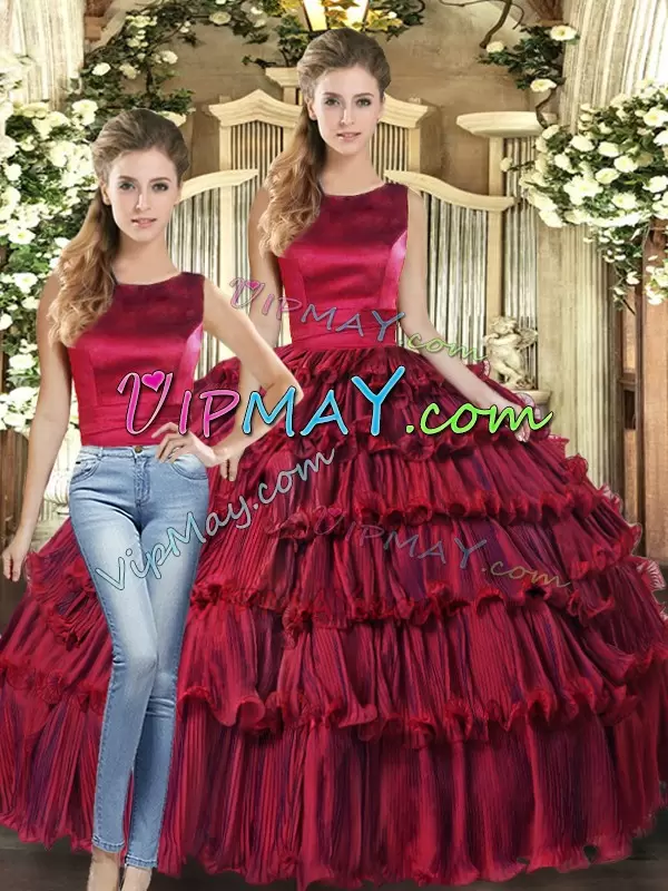 Custom Design Sleeveless Floor Length Ruffled Layers Lace Up Quinceanera Dresses with Wine Red