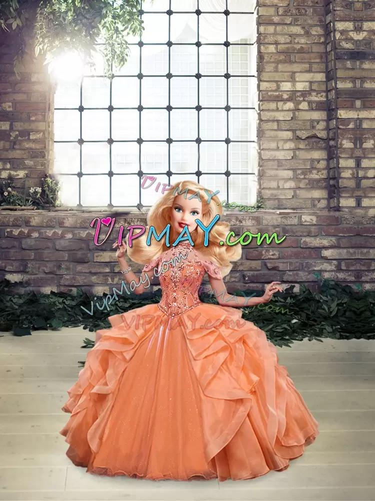 Fabulous Orange Halter Top Lace Up Beading and Ruffles Sweet 16 Quinceanera Dress Sleeveless