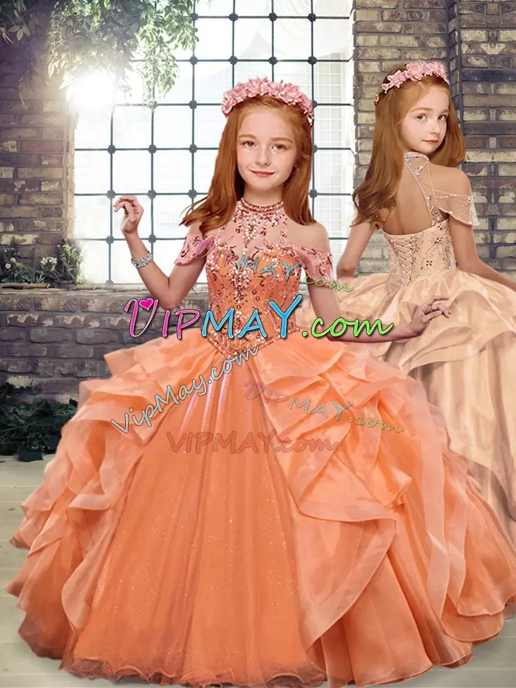 Fabulous Orange Halter Top Lace Up Beading and Ruffles Sweet 16 Quinceanera Dress Sleeveless