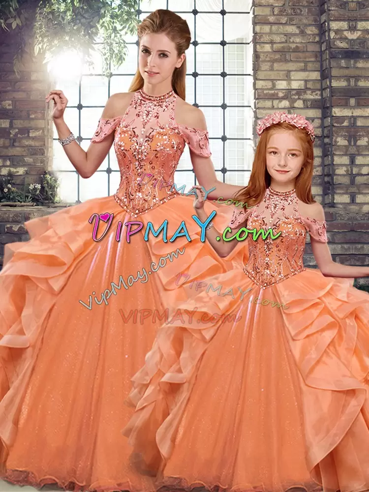 Fabulous Orange Halter Top Lace Up Beading and Ruffles Sweet 16 Quinceanera Dress Sleeveless