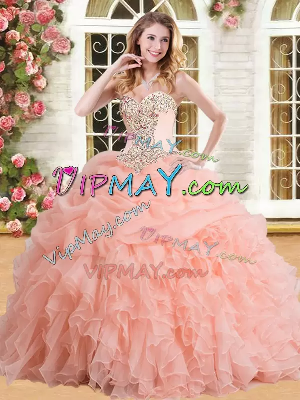Gorgeous Floor Length Lace Up Sweet 16 Dress Peach for Military Ball and Sweet 16 and Quinceanera with Appliques and Ruffles and Pick Ups