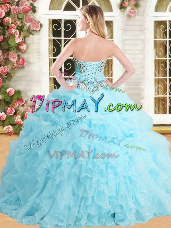 Gorgeous Floor Length Lace Up Sweet 16 Dress Peach for Military Ball and Sweet 16 and Quinceanera with Appliques and Ruffles and Pick Ups