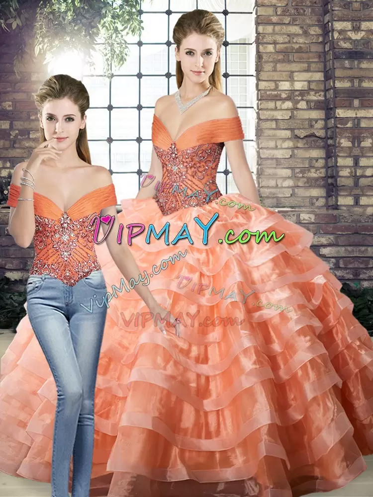 Most Popular Peach Lace Up Off The Shoulder Beading and Ruffled Layers Sweet 16 Quinceanera Dress Organza Sleeveless Brush Train