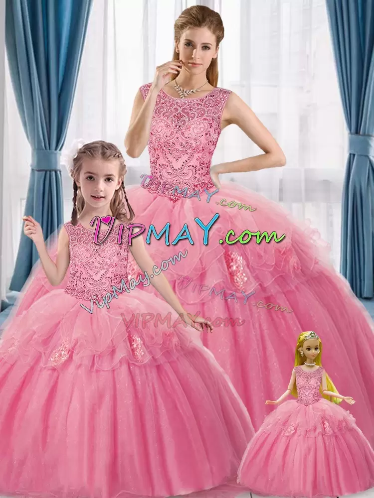 Ball Gowns Quinceanera Gown Pink Scoop Tulle Sleeveless Floor Length